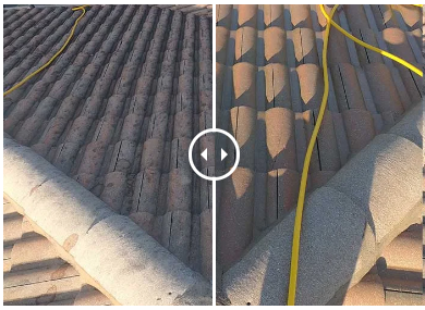 A before and after roof cleaning photo of a brown shingled roof Hire the best roof cleaners in Boynton Beach for residential roof cleaning